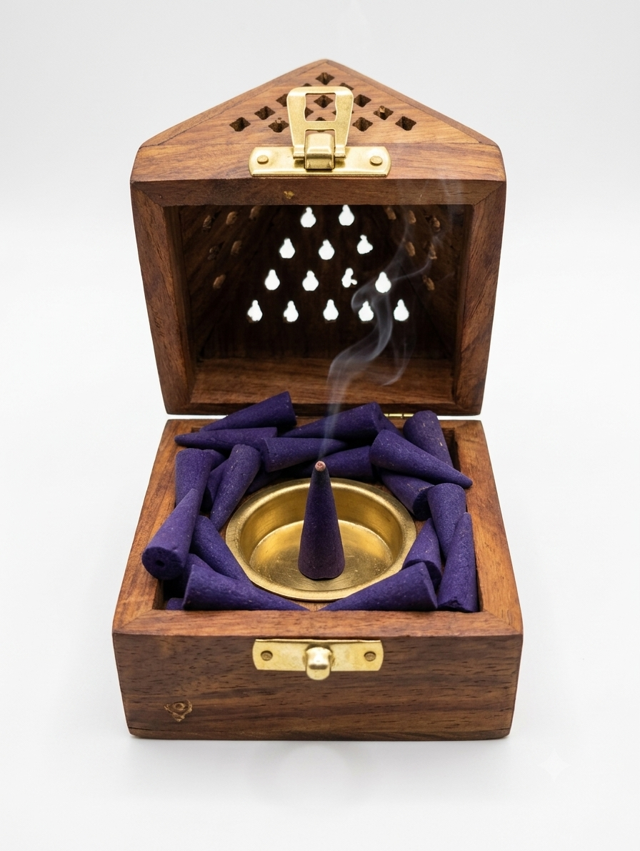 Wooden dhoop box and 100 Grams lavender fragrance dhoop cones