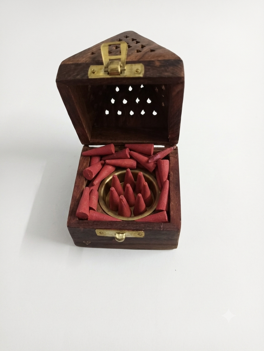 Wooden dhoop box and 100 Grams Kasturi fragrance dhoop cones