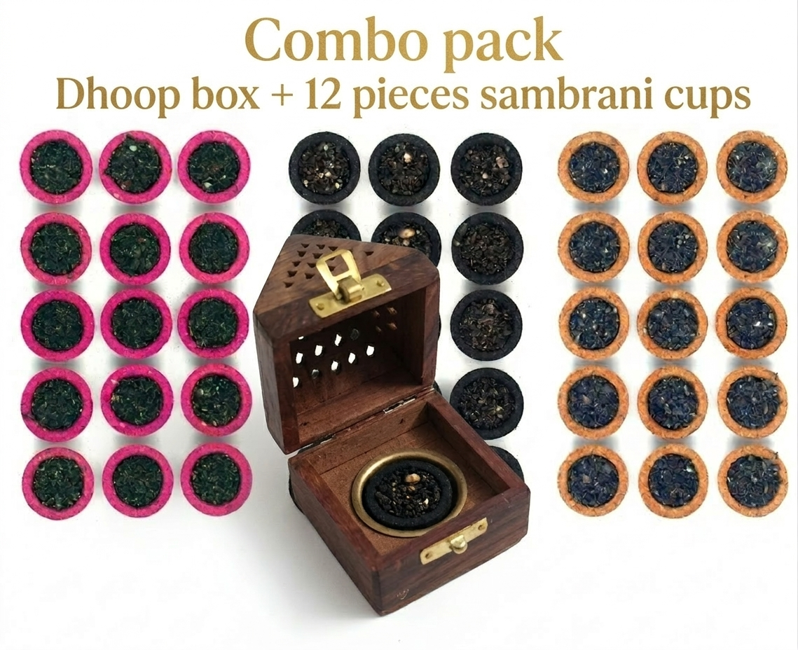 Combo pack wooden dhoop box and 12 pieces sambrani cups