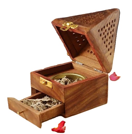 Handcrafted Wooden Incense Holder Box with Locker, Pyramid Top Design, Perforated Pattern, Brass Lock, Storage Compartment