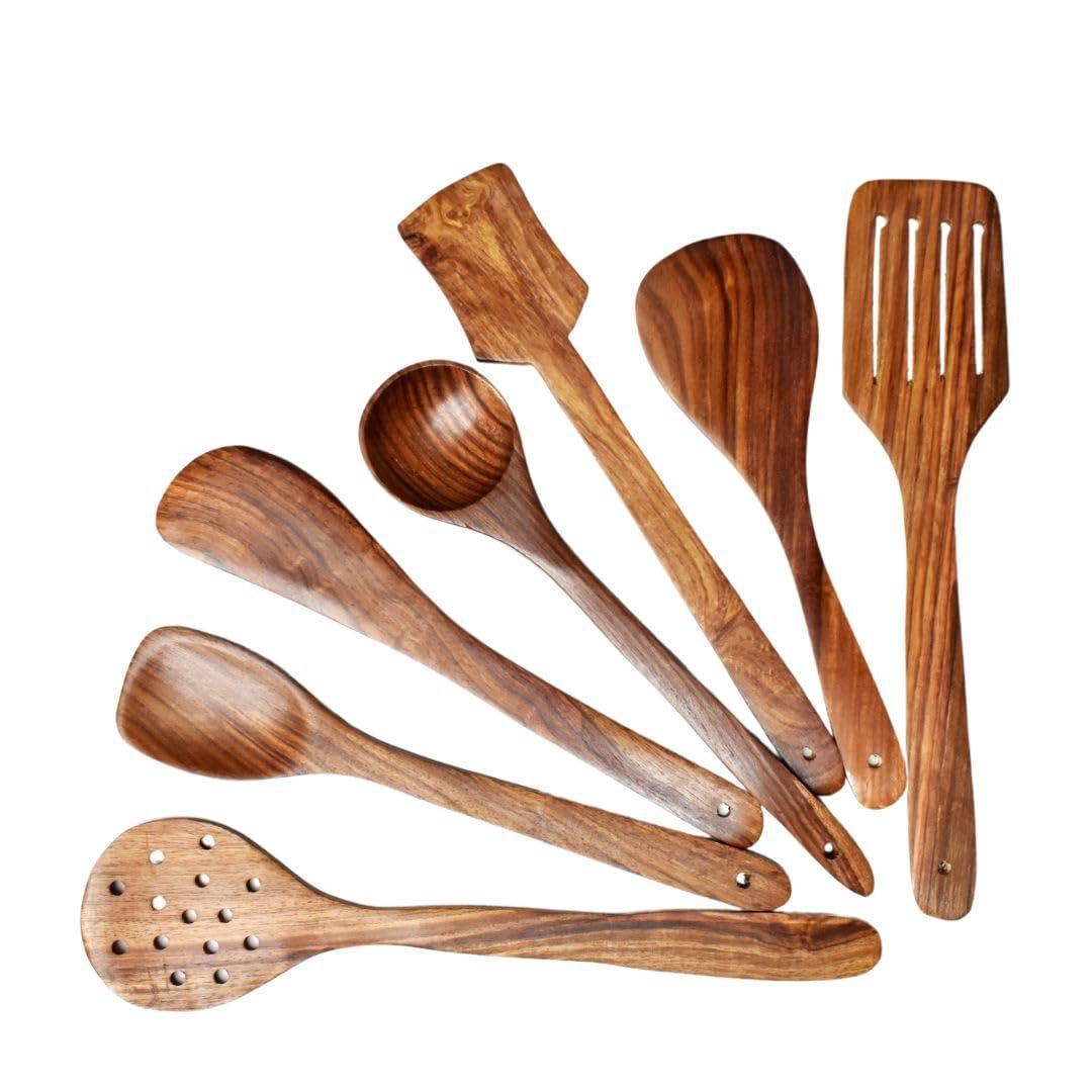 Handcrafted Shesham Wood Kitchen Utensil Set, 7-Pieces  Traditional Kitchen Tools for Cooking and Serving