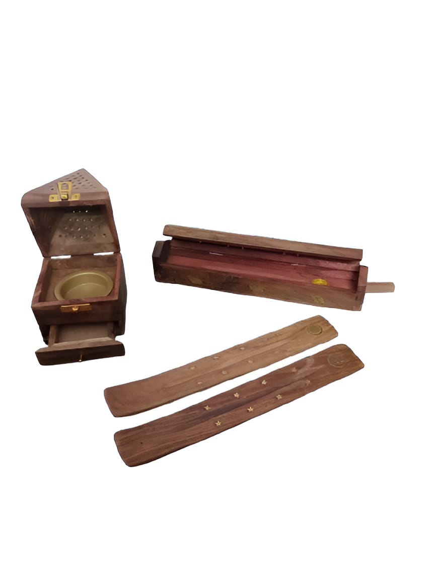 Combo Pack of 3,  Wooden Incense Holder, dhoop Stick Box, Tower Shaped agarbatti Box, 2 Pieces of ash Catcher