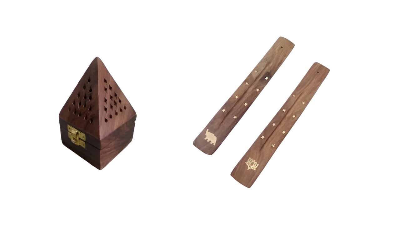 Combo Pack of 2, Handmade Wooden Incense dhoop Stick Box, 2 Pieces of ash Catcher